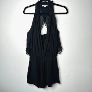 Revolve Ella Moss Black Piana Romper Tie Closure Ruffle Trim Back Cut Out S